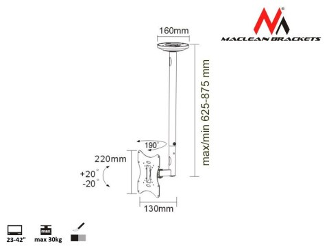 Uchwyt do telewizora sufitowy 23-42" 50 - 85 cm 30kg MC-504A B srebrny TV