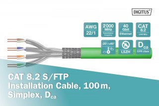 Kabel teleinformatyczny instalacyjny kat.8.2, S/FTP, Dca, AWG 22/1, LSOH, 100m, zielony