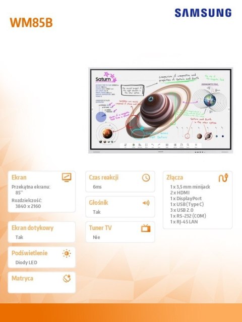 Monitor profesjonalny WM85B Flip PRO 85 cali Dotykowa 16h/7 350(cd/m2) 3840 x 2160 (UHD) Flip App WiFi/BT 3 lata On-Site (LH85WM