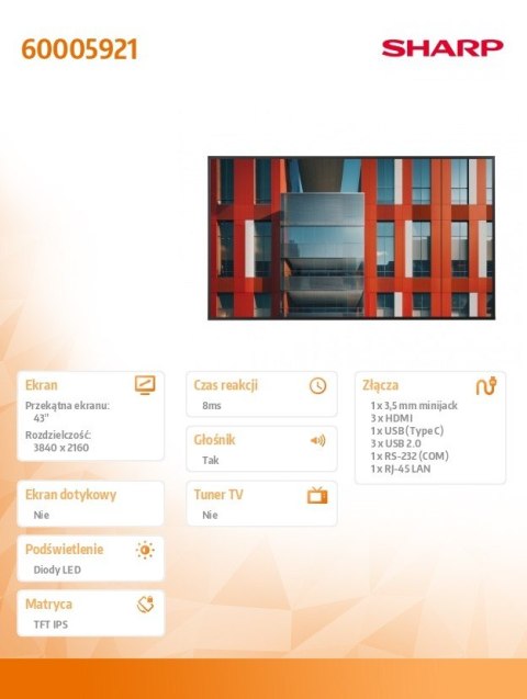 Monitor wielkoformatowy MultiSync ME432 43 cale 400cd/m2 18/7