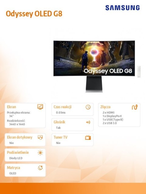 Monitor 34 cale Odyssey G8 OLED 3440x1440 UWQHD 21:9 2xHDMI 1xDP 2xUSB 3.0 0,03ms 175Hz HAS zakrzywiony głośniki 2Y2d2 (LS34DG85