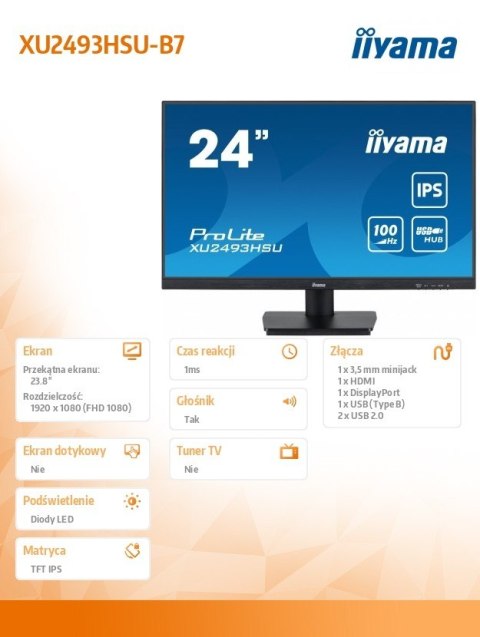 Monitor 24 cale XU2493HSU-B7, IPS, HDMI, DP, 2x2W, USBx2, 300cd