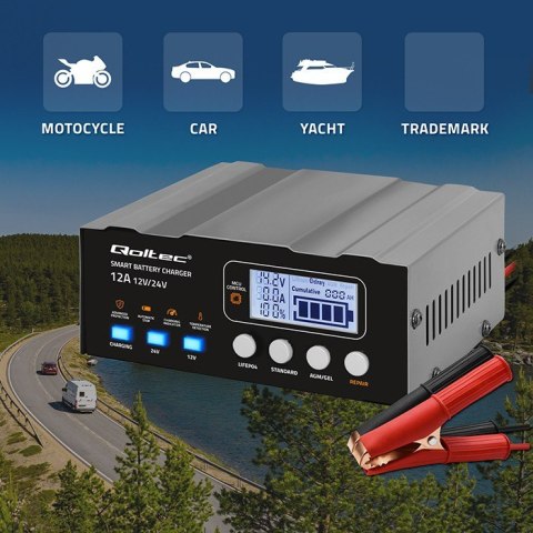 Inteligentna mikroprocesorowa ładowarka 12V | 12.6V | 24V |Prostownik z funkcją naprawy do akumulatora AGM GEL LiFePO4 | LCD