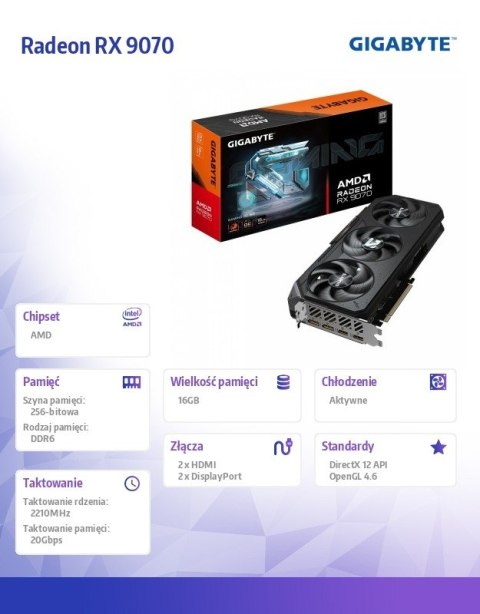 Karta graficzna Radeon RX 9070 GAMING OC 16GB GDDR6 256bit 2DP/2HDMI