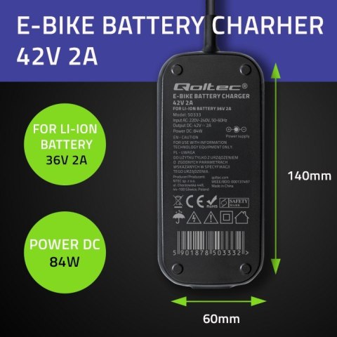 Ładowarka do roweru skutera elektrycznego 36V | 42V | 2A | 5.5*2.5 + wodoodporna + kabel zasilający