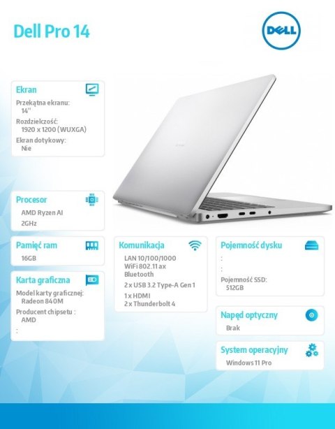 Laptop Dell Pro 14 PC14255/AMD Ryzen AI 5 PRO 340/16GB/512GB SSD CL25/14.0 FHD+/Radeon 840M/FgrPr/FHD/IR Cam/Mic/WLAN+BT/Backlit