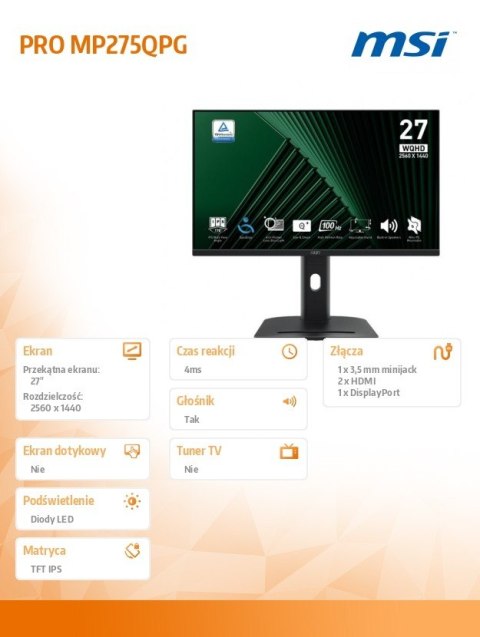 Monitor PRO MP275QPG 27 cali LED/WQHD/Flat/100Hz/Black