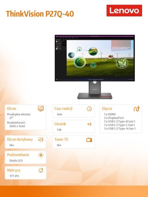 Monitor ThinkVision 27.0 P27Q-40 WLED LCD 64A7GAT6EU