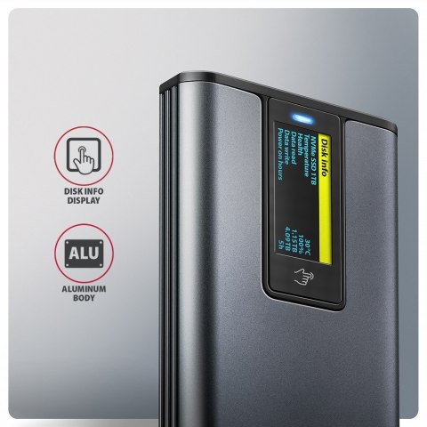 EEM2-SD2 Obudowa zewnętrzna aluminiowa bezśrubowa USB-A/C 3.2 Gen2 M.2 NVMe/SATA wyświetlacz LED, szary