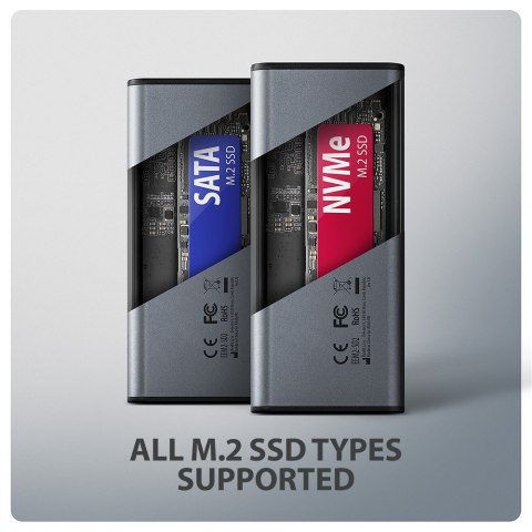 EEM2-SD2 Obudowa zewnętrzna aluminiowa bezśrubowa USB-A/C 3.2 Gen2 M.2 NVMe/SATA wyświetlacz LED, szary