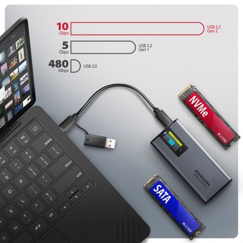 EEM2-SD2 Obudowa zewnętrzna aluminiowa bezśrubowa USB-A/C 3.2 Gen2 M.2 NVMe/SATA wyświetlacz LED, szary