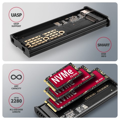 EEM2-SD2 Obudowa zewnętrzna aluminiowa bezśrubowa USB-A/C 3.2 Gen2 M.2 NVMe/SATA wyświetlacz LED, szary