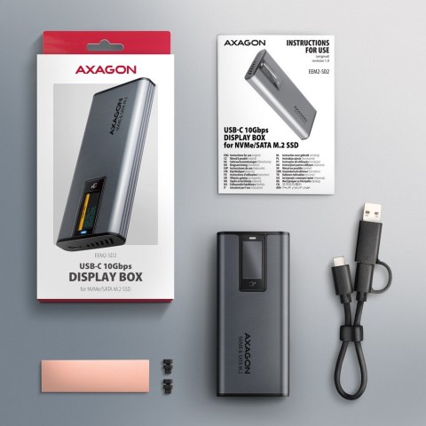 EEM2-SD2 Obudowa zewnętrzna aluminiowa bezśrubowa USB-A/C 3.2 Gen2 M.2 NVMe/SATA wyświetlacz LED, szary