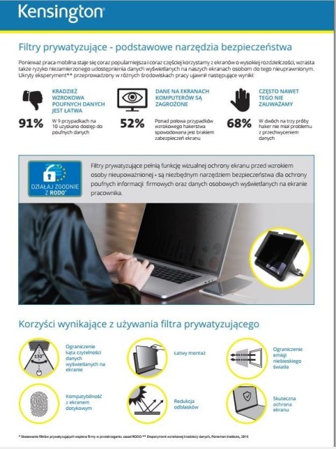 Filtr prywatyzujący 2-stronny, zdejmowany, do monitora 14 cali 16:9